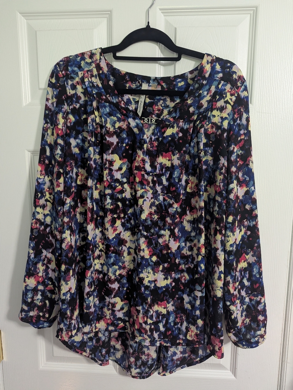 NY Collection Navy Multicolor Abstract Floral Blouse